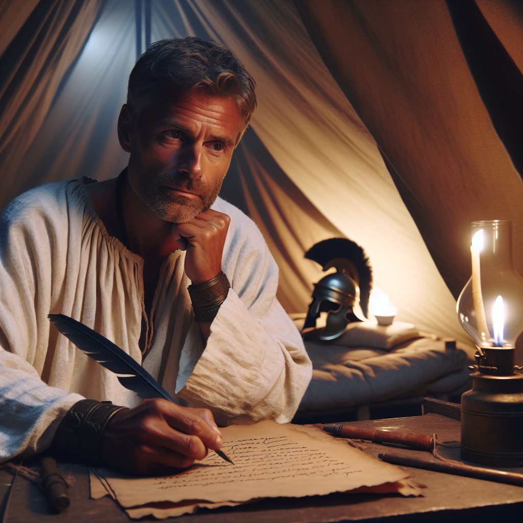Marcus Aurelius writing his Meditations in his tent during military campaigns, showing philosophical reflection as daily practice