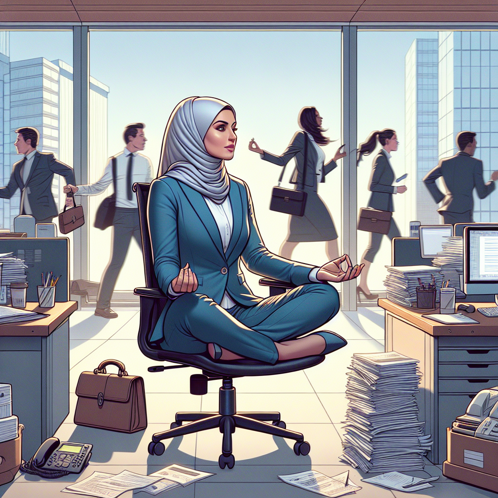 Modern professional practicing Stoic mindfulness techniques in a busy office environment, demonstrating calm focus amidst workplace stress